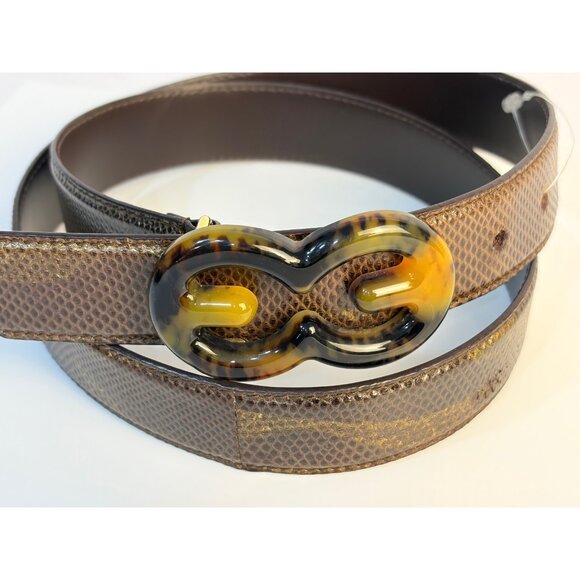 Rare Escada 90’s Brown Gold Leather Belt Tortoise Buckle Size L US 32